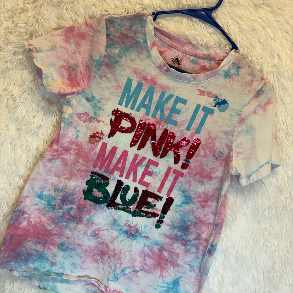 Disney Sleeping Beauty “Make It Pink Make It Blue” Sequin Tie Dye T-Shirt | M - Picture 6 of 16